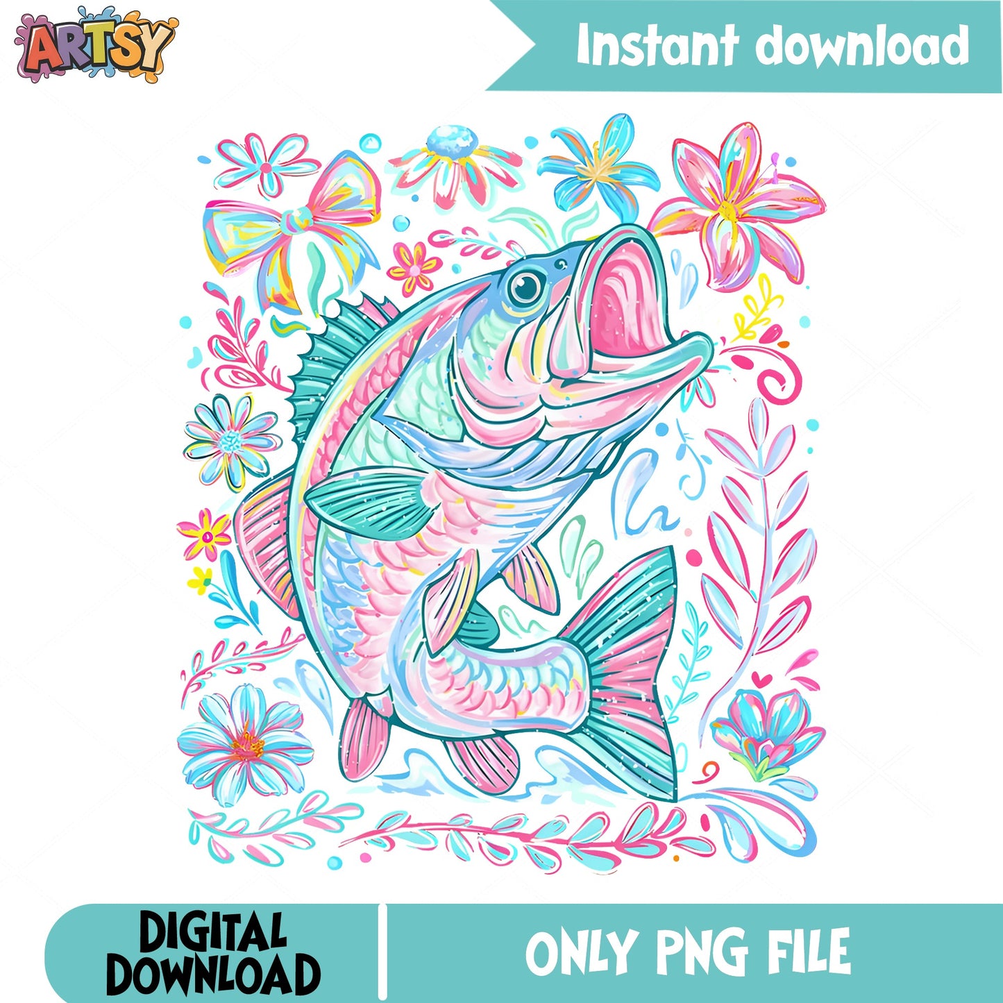 Coquette Floral Bass Fish PNG, Fishing Bow Flower, Pink Fish PNG