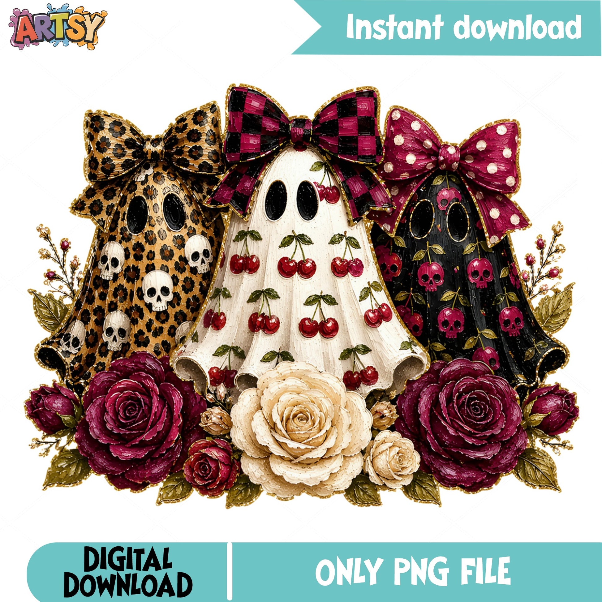 Coquette Ghost Halloween PNG, Floral Bow Ghost PNG, Spooky PNG