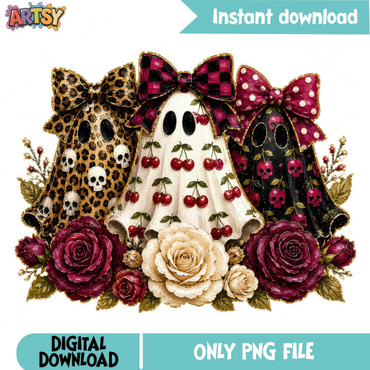 Coquette Ghost Halloween PNG, Floral Bow Ghost PNG, Spooky PNG