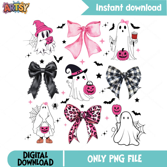 Coquette Halloween Ghost PNG Bundle, Bow Ghost PNG, Spooky PNG