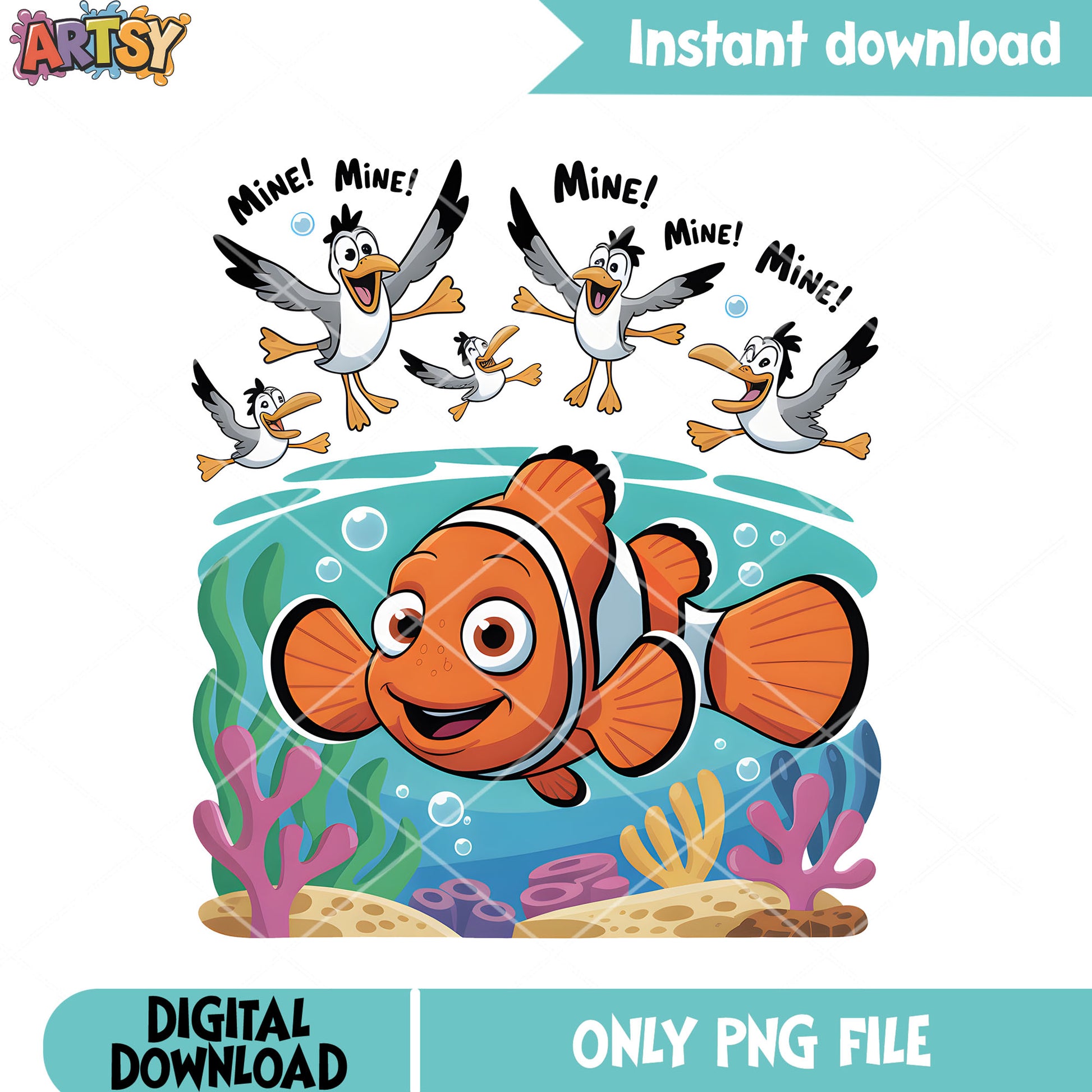 Coral seagull poster png, disney vibes png, clownfish nemo png