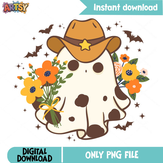 Cowboy Ghost Cow Print PNG, Halloween Floral Ghost PNG, Cute Ghost PNG