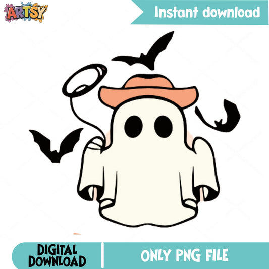 Cowboy Ghost Halloween PNG, Cute Ghost Bats, Halloween PNG