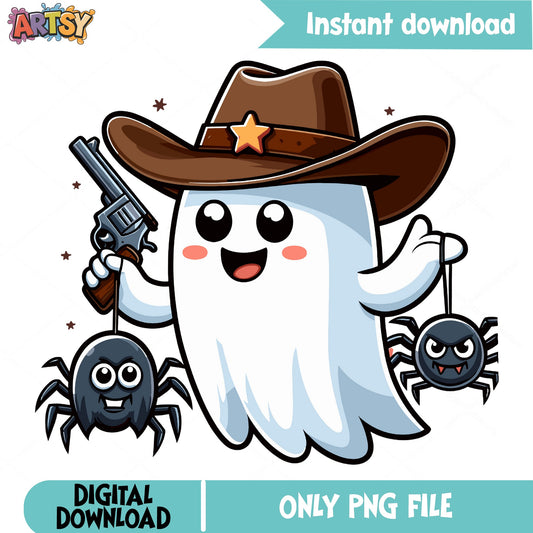 Cowboy Ghost Halloween PNG, Cute Ghost With Spiders PNG, Spooky PNG