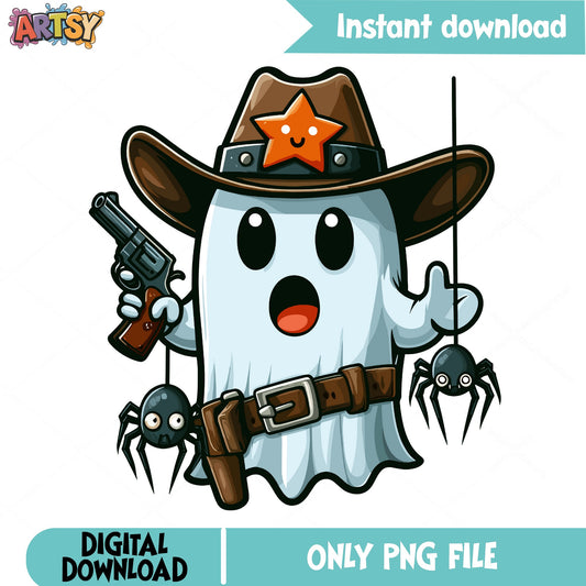Cowboy Ghost Halloween PNG, Sheriff Ghost With Spider PNG, Cute Ghost PNG