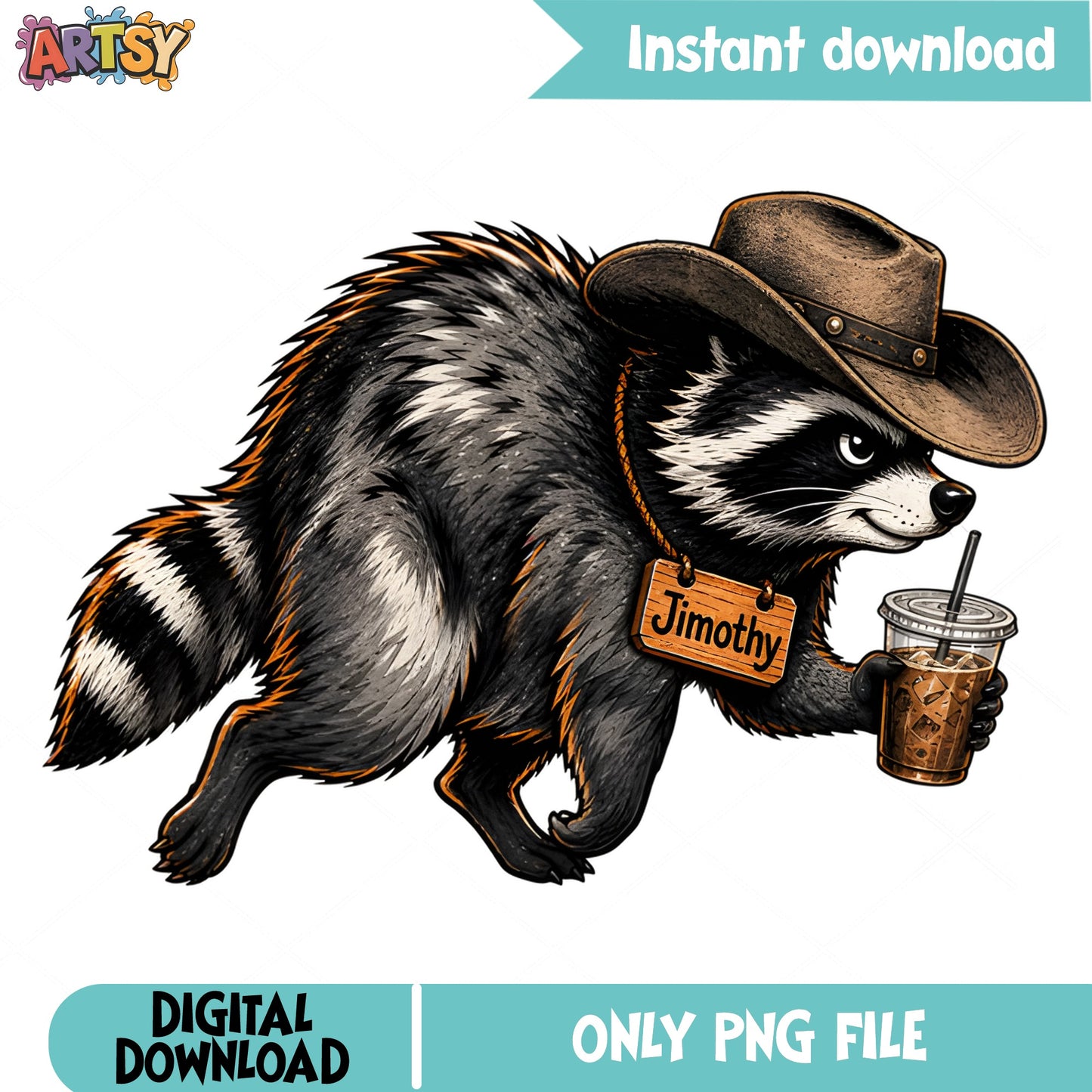 Cowboy Raccoon Iced Coffee PNG, Funny Raccoon PNG, Jimothy PNG
