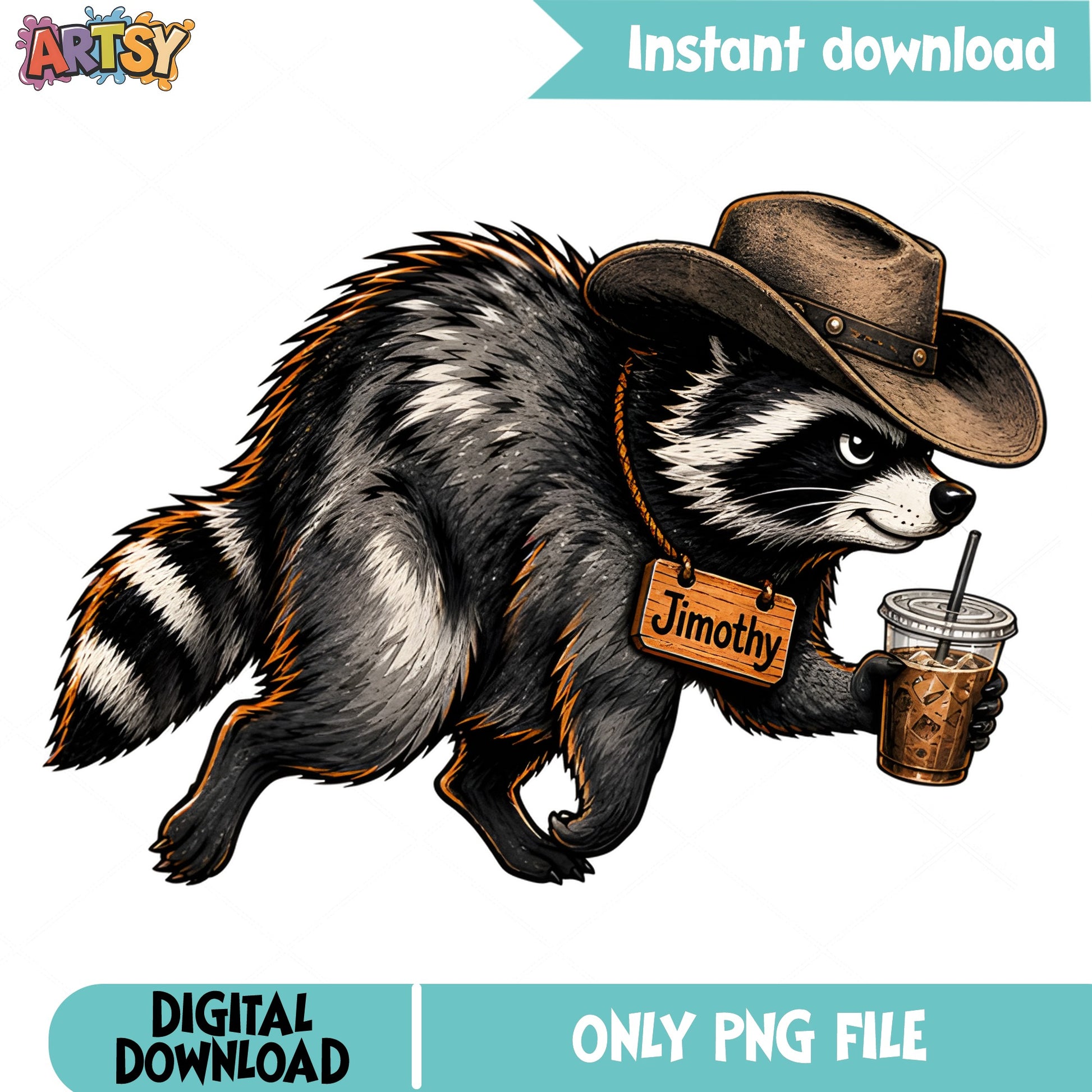 Cowboy Raccoon Iced Coffee PNG, Funny Raccoon PNG, Jimothy PNG