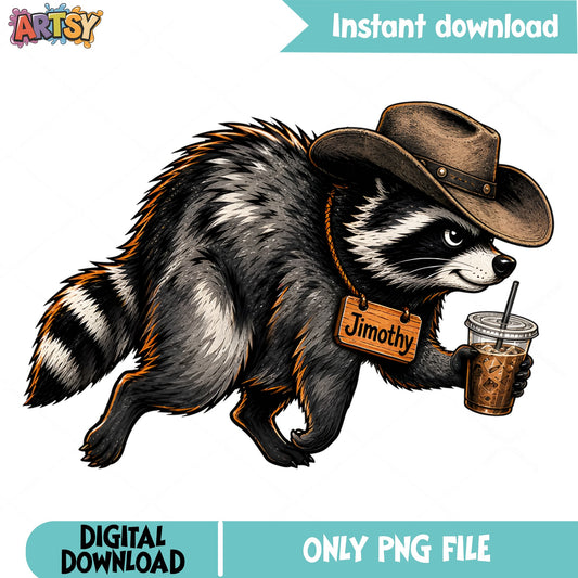 Cowboy Raccoon Iced Coffee PNG, Funny Raccoon PNG, Jimothy PNG