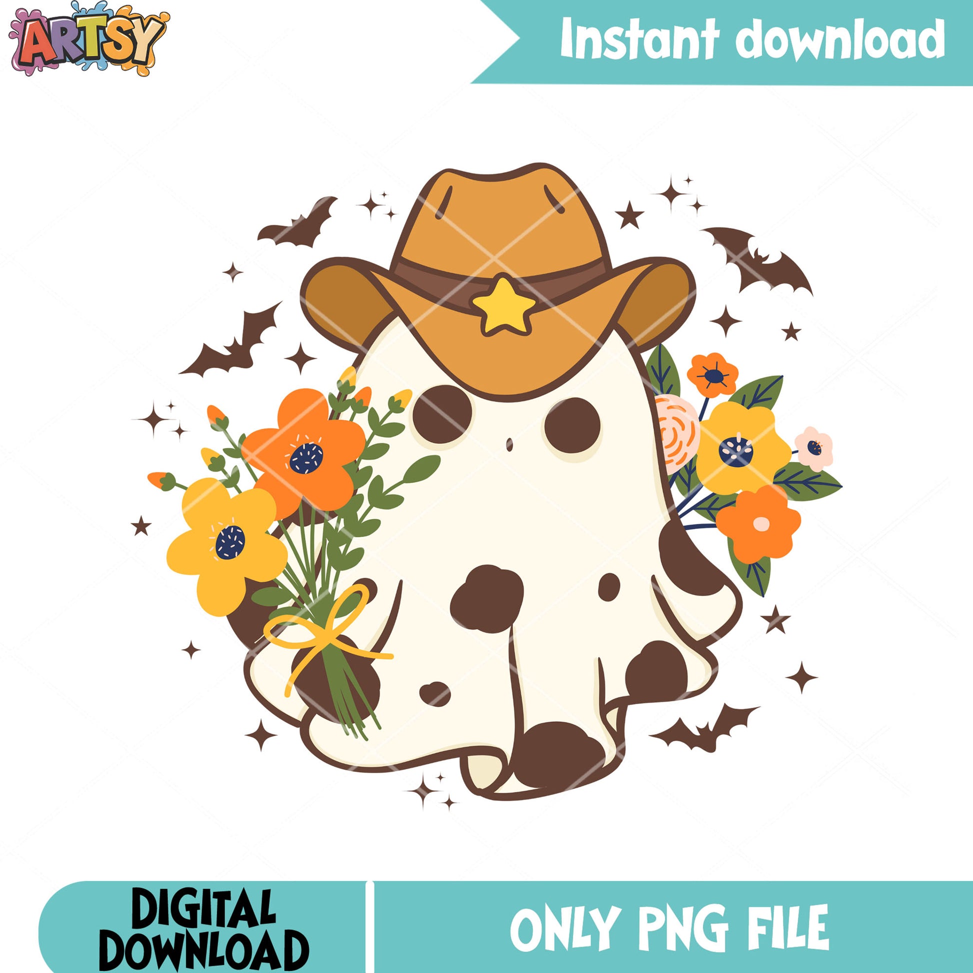 Cowboy blanket and flower png, ghost costume png, halloween night png