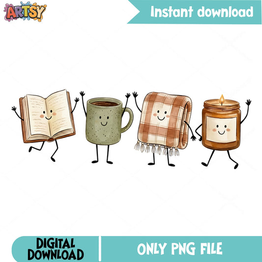 Cozy Vibes Book Coffee Candle Blanket PNG, Fall PNG, Cute Autumn PNG