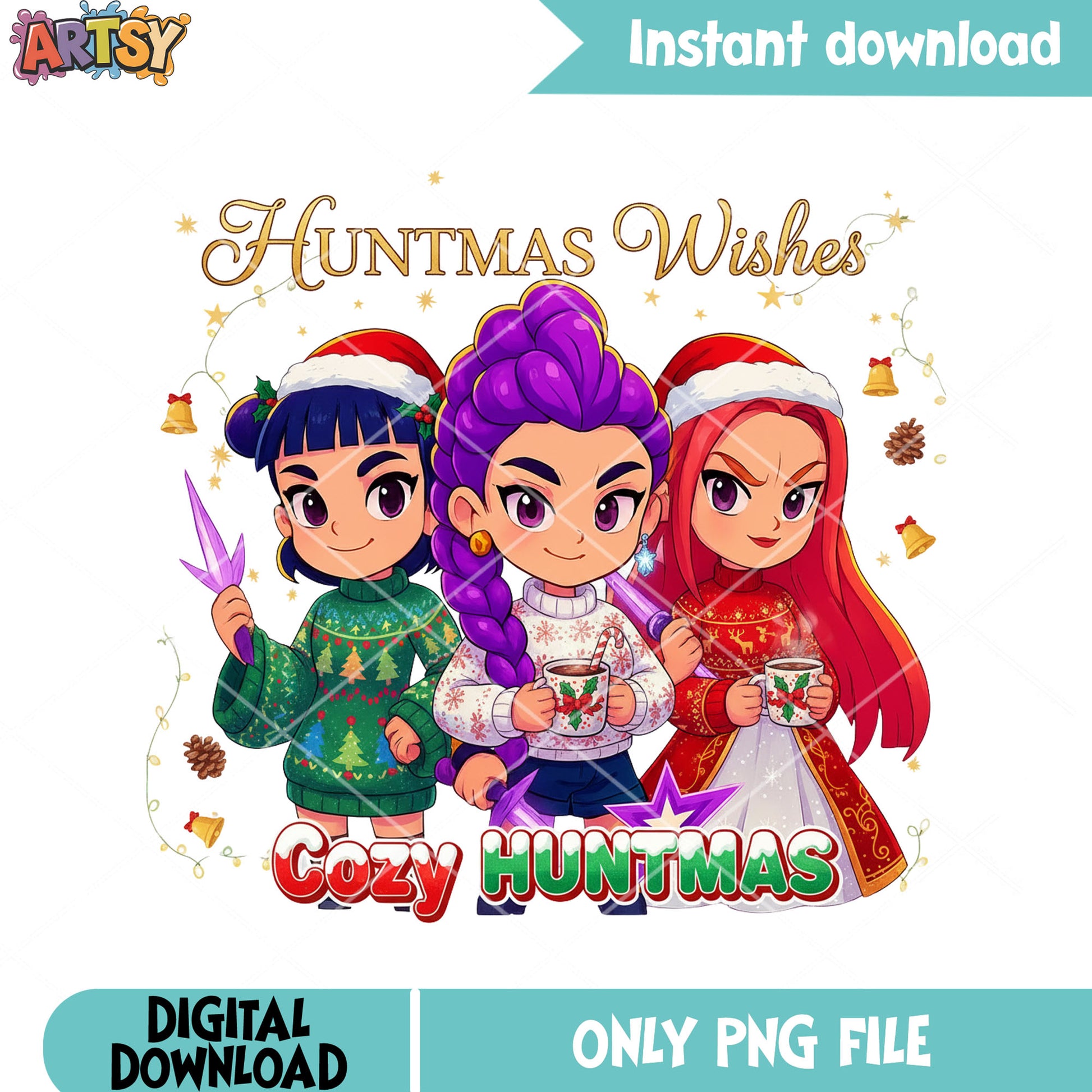 Cozy huntmas withes png, kpop demon hunters png, sweater christmas png
