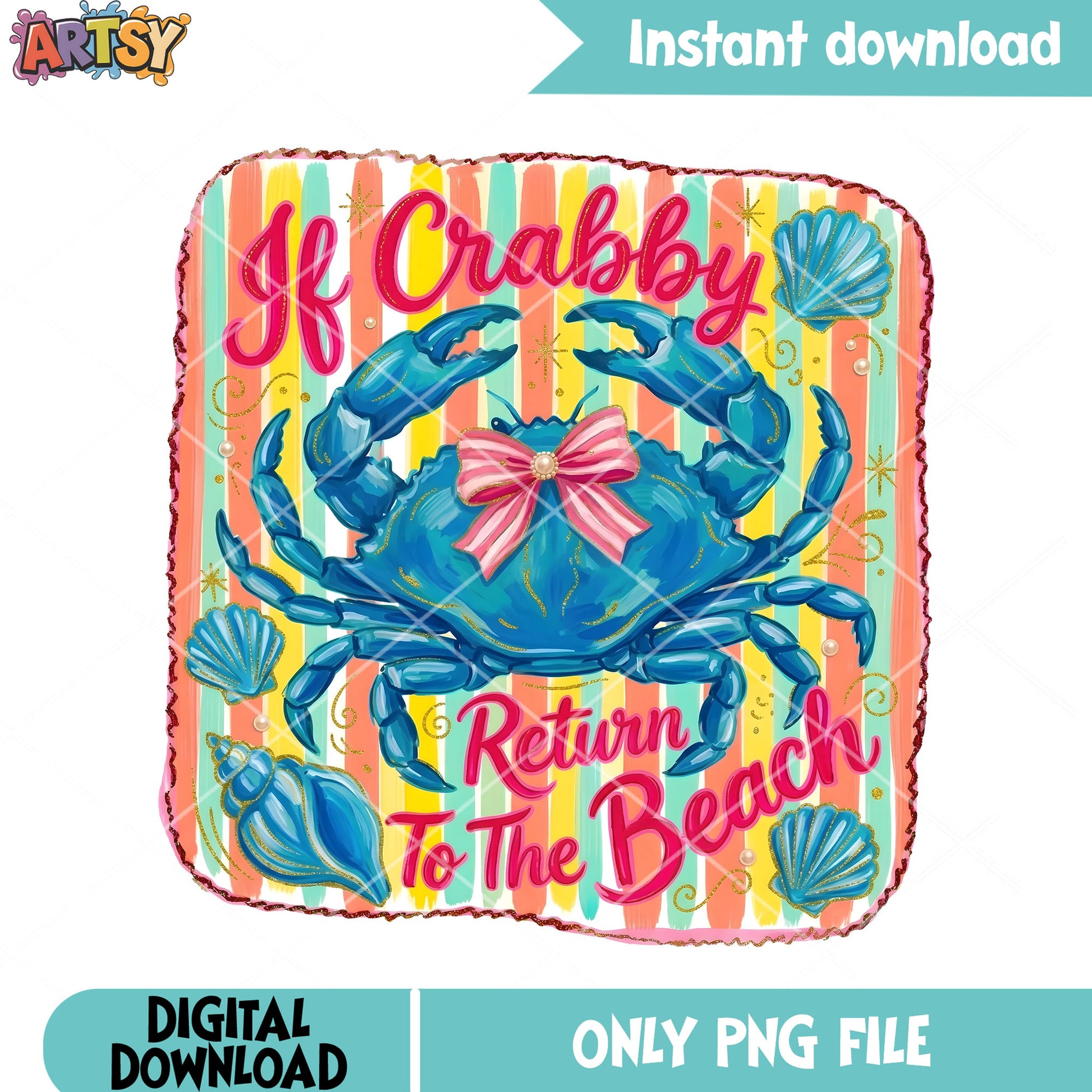 Crabby beach shell png, stamp collection png, summer vibes png