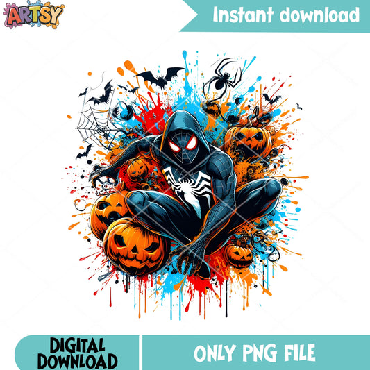 Crazy spider man with bat png, marvel halloween png, wicker pumpkin png