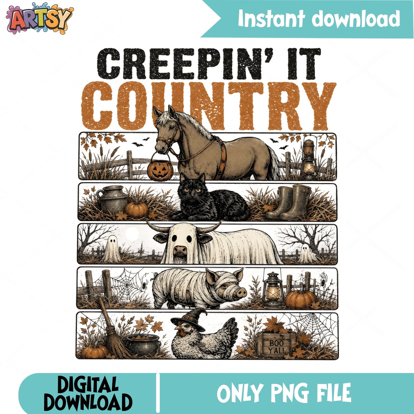 Creepin It Country PNG, Halloween Farm Animals PNG, Spooky Western PNG