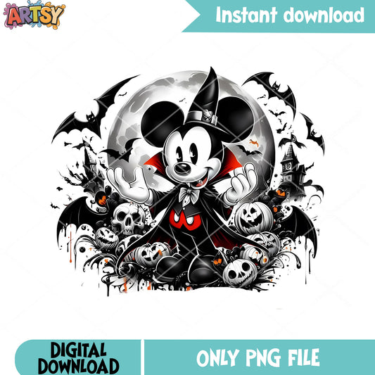Creepy mickey vampire png, full moon night png, halloween scary png