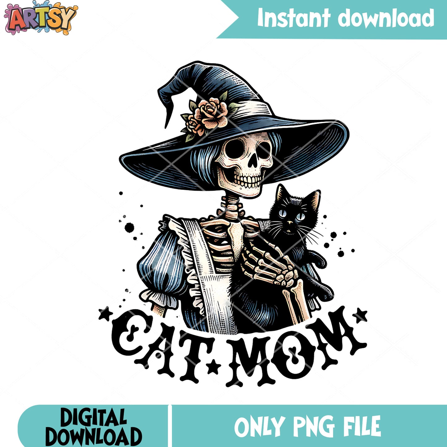 Creepy the witch flower in hat png, skeleton png, halloween scary png