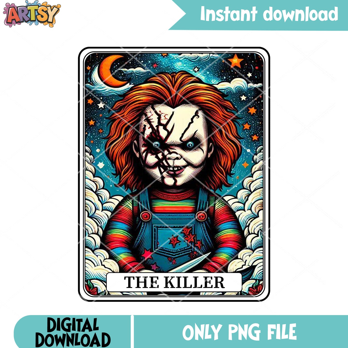 Cresent moon chucky knife png, chucy doll png, scary halloween png