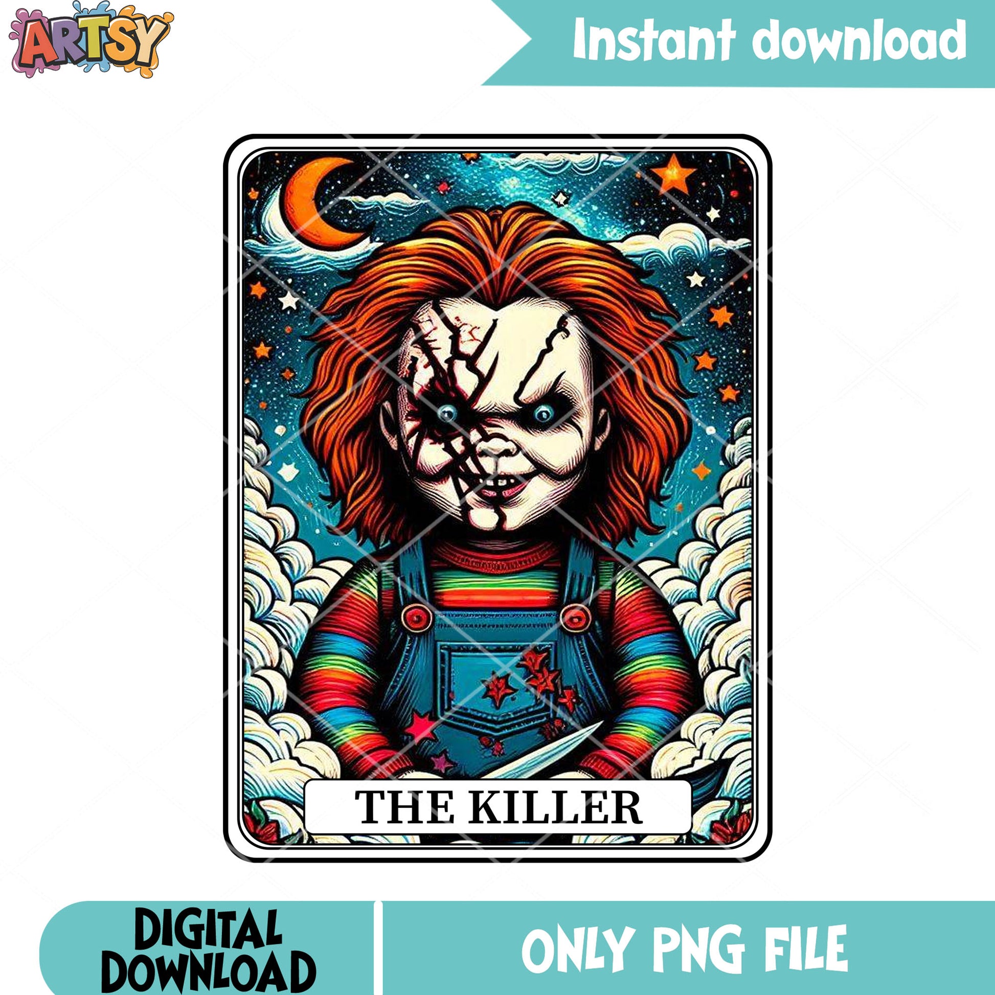Cresent moon chucky knife png, chucy doll png, scary halloween png