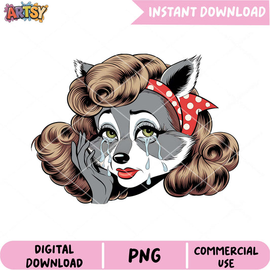 Crying Raccoon Girl PNG Instant Download