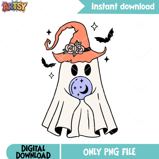 Crystal ball ghost png, witches hat png, halloween scary png