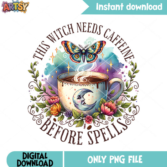 Cup of coffee cresent moon png, butterfly png, halloween scary png