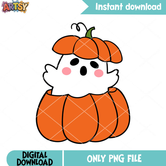 Cute Baby ghost pink cheek png, halloween pumpkin png, halloween night png 