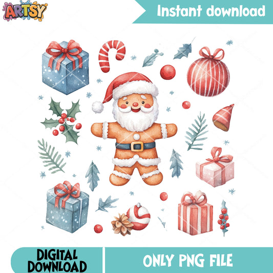 Cute Gingerbread santa png, christmas gifts png, merry xmas png