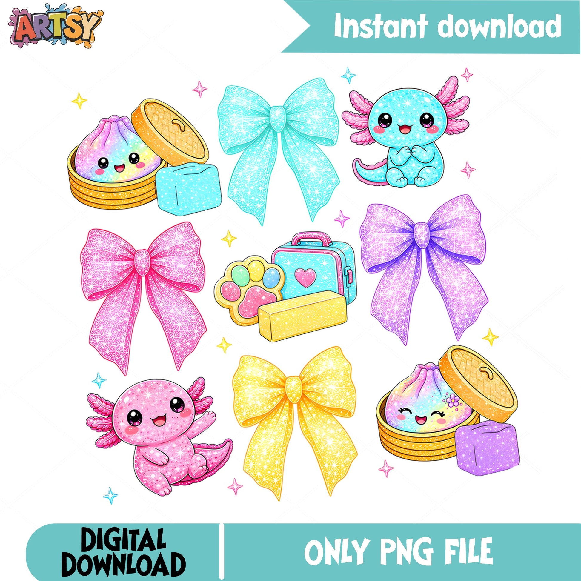 Cute Axolotl Clipart PNG Bundle, Kawaii Bow PNG, Glitter PNG