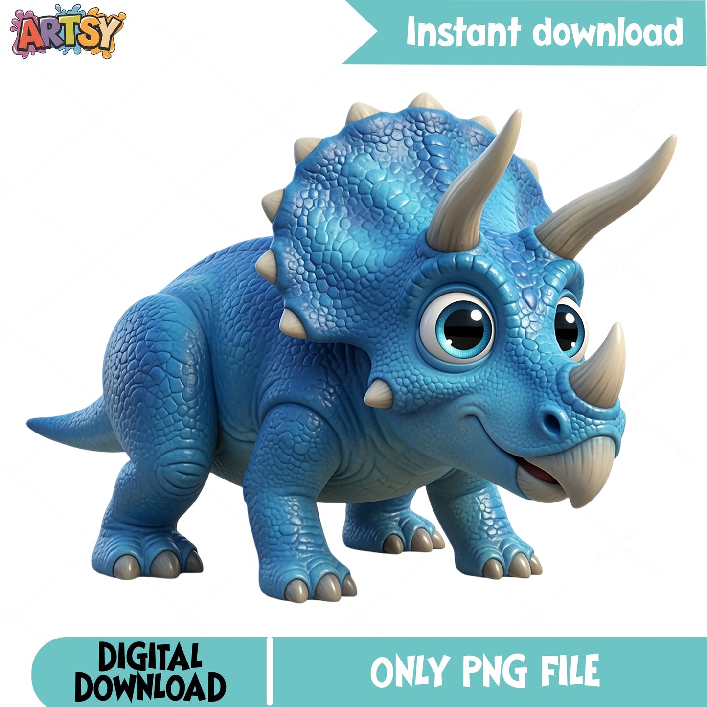 Cute Blue Triceratops Dinosaur PNG, Kids Dino Clipart PNG, Dinosaur PNG