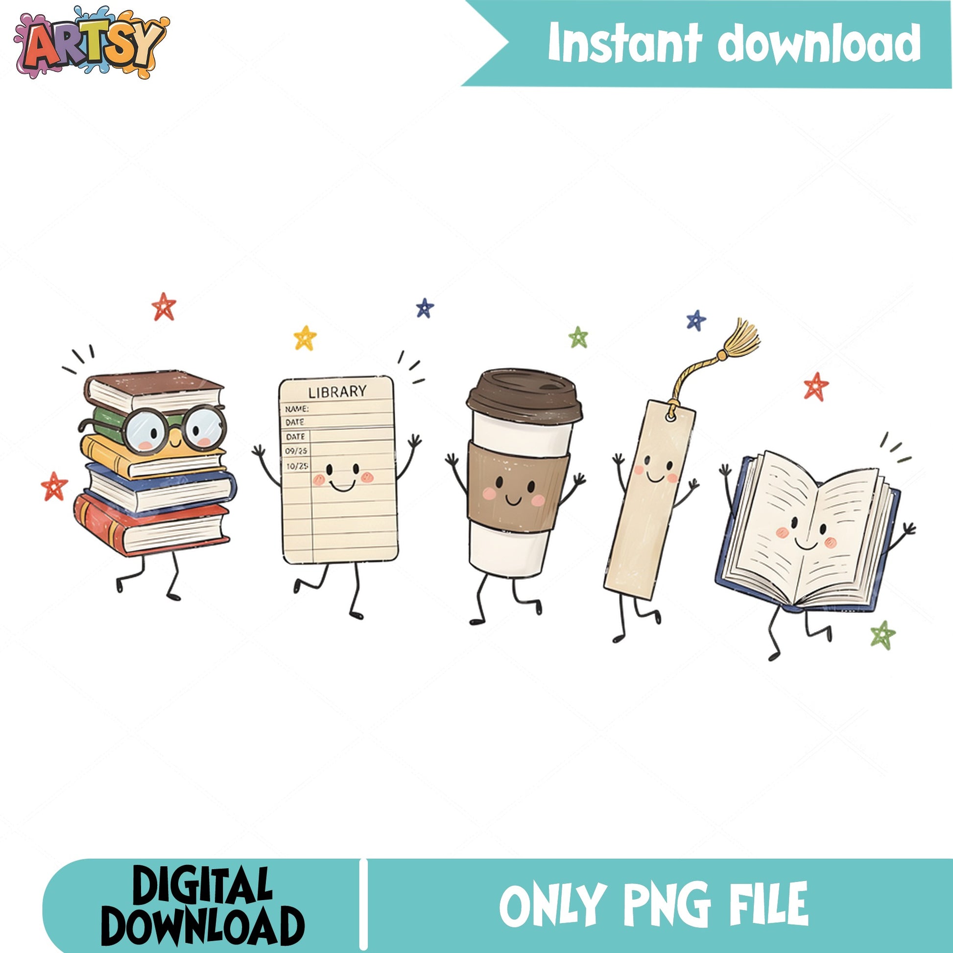 Cute Book Characters PNG, Library Coffee Bookmark PNG, Book Lover PNG