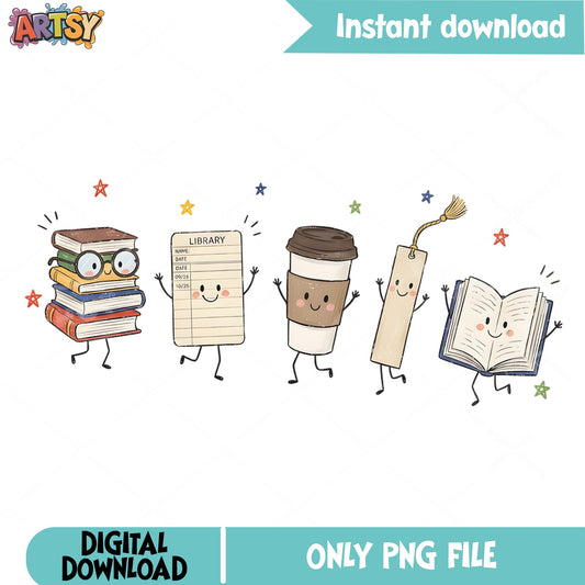 Cute Book Characters PNG, Library Coffee Bookmark PNG, Book Lover PNG