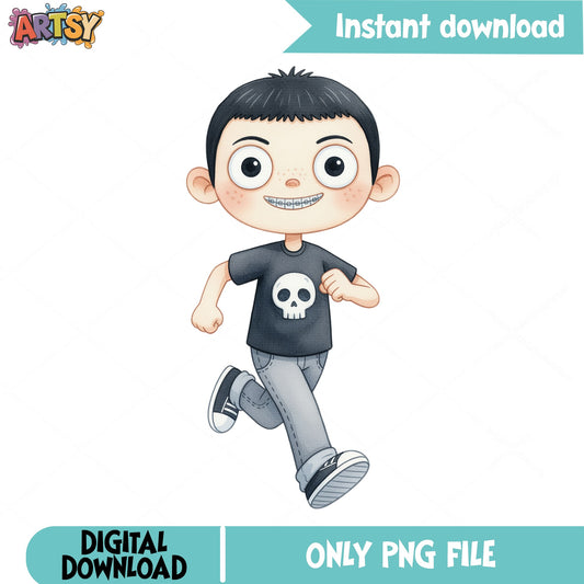 Cute Boy Running Skull Shirt PNG, Cartoon Kid Clipart PNG, Halloween Boy PNG