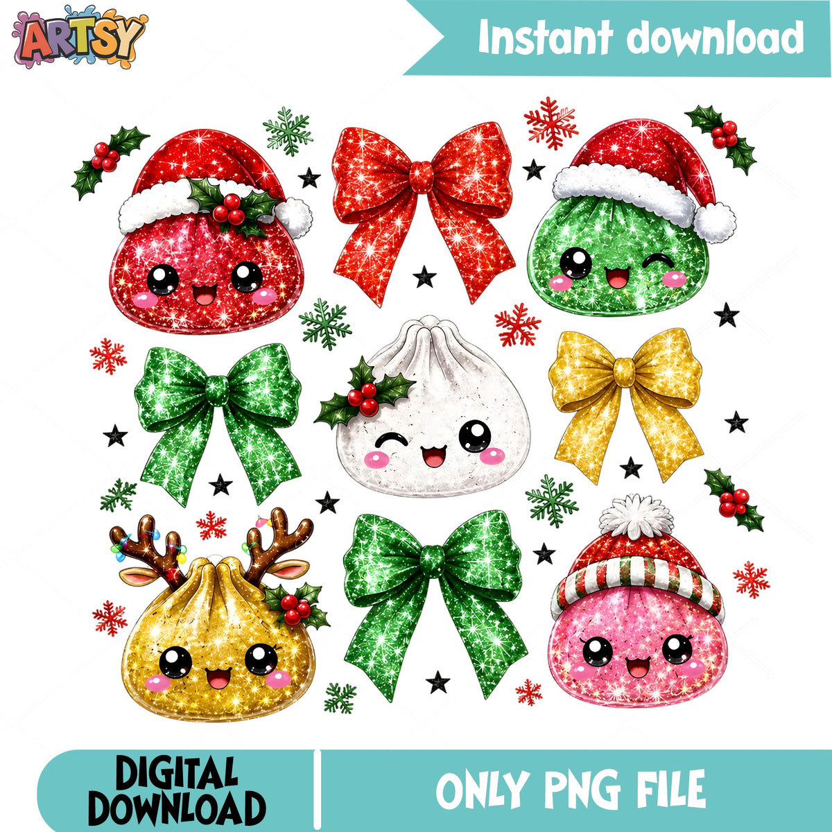 Cute Christmas Dumpling Clipart PNG, Kawaii Xmas PNG, Holiday PNG