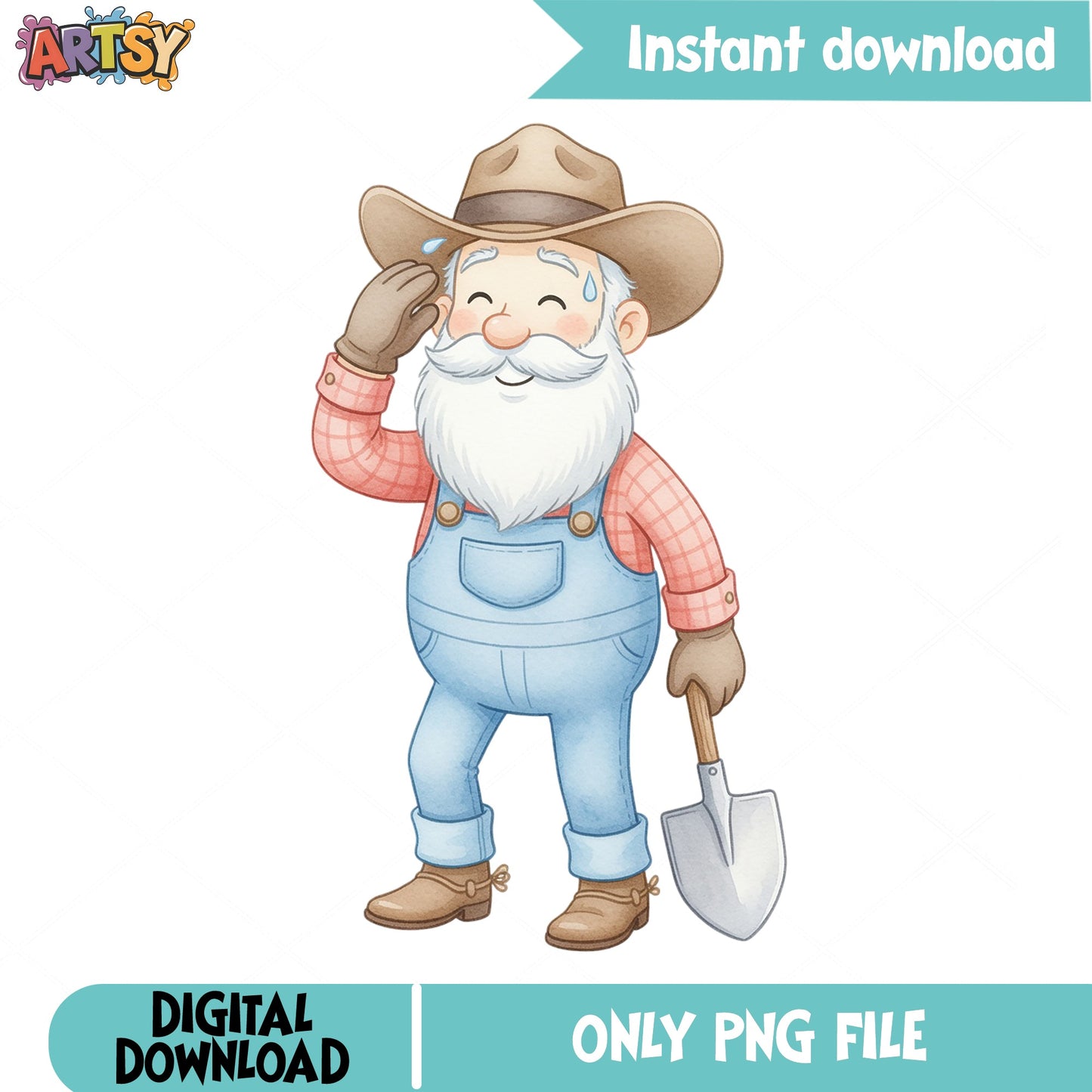 Cute Farmer Gnome PNG, Old Man Gardener Clipart, Watercolor PNG