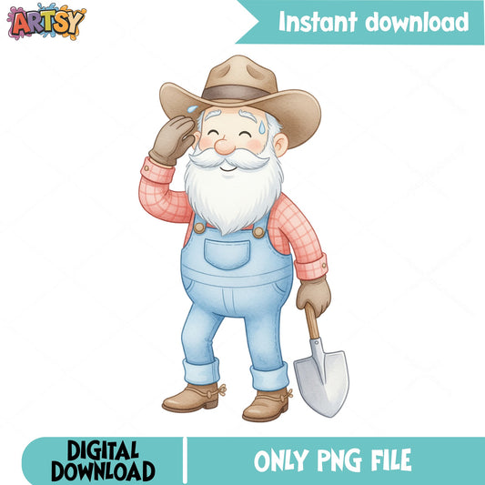 Cute Farmer Gnome PNG, Old Man Gardener Clipart, Watercolor PNG