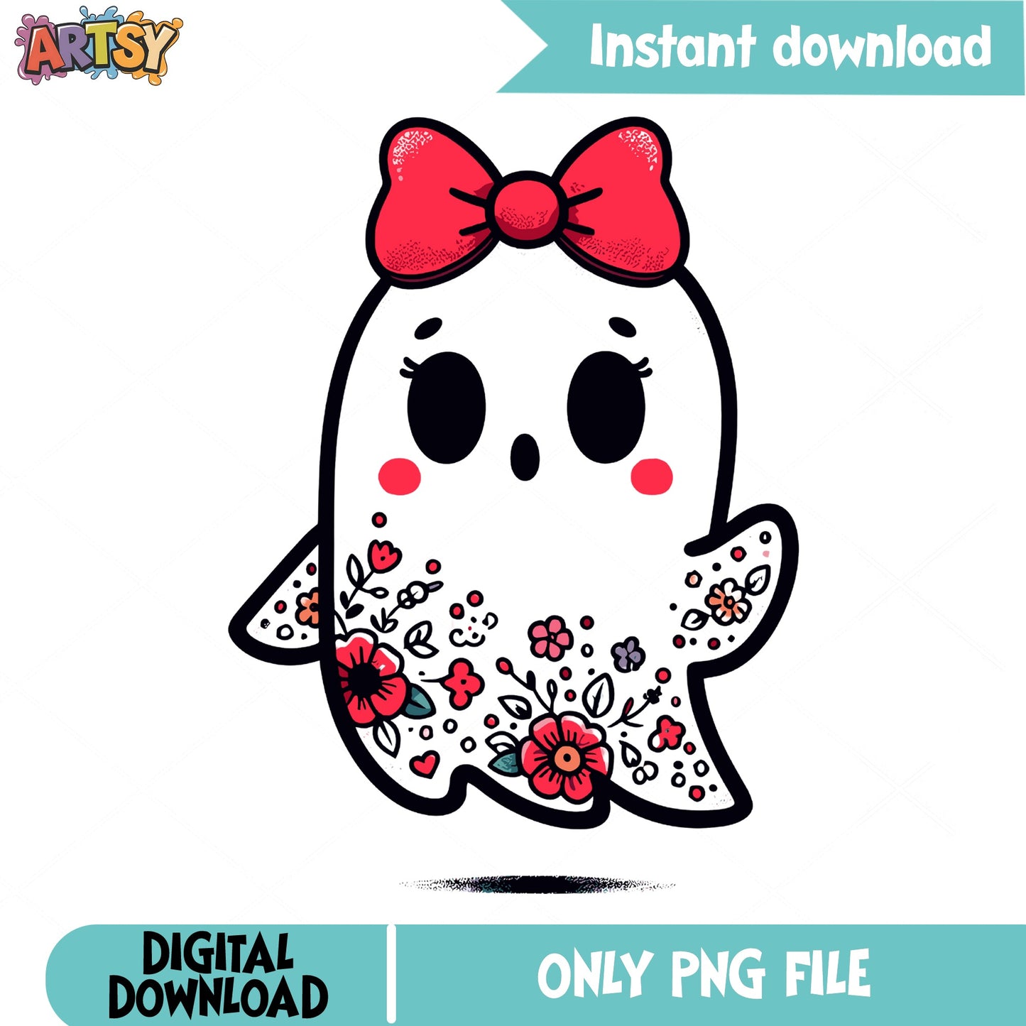 Cute Floral Ghost PNG, Halloween Ghost With Bow PNG, Spooky PNG