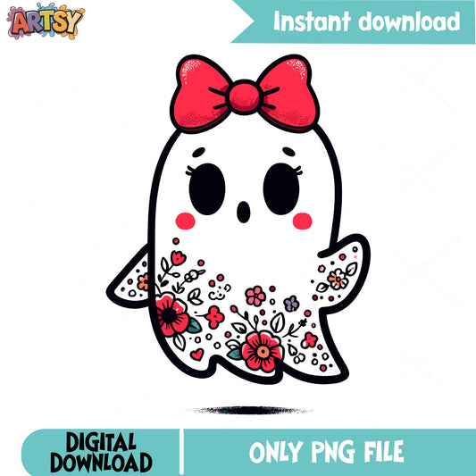 Cute Floral Ghost PNG, Halloween Ghost With Bow PNG, Spooky PNG