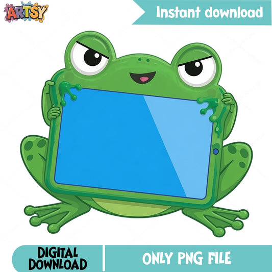 Cute Frog Holding Tablet PNG, Funny Frog Clipart, Frog PNG