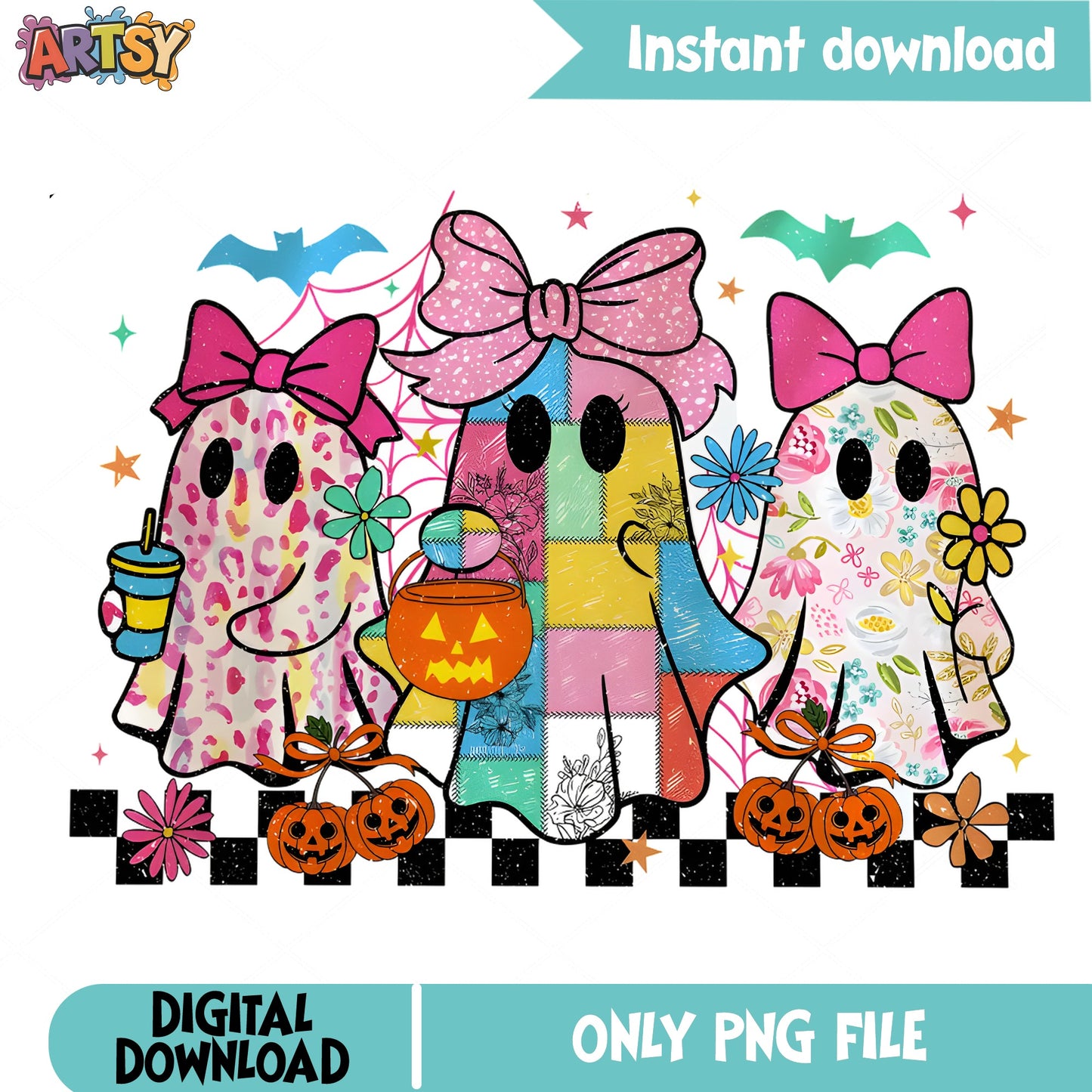 Cute Ghost Halloween PNG, Boho Ghost With Bow PNG, Spooky Season PNG