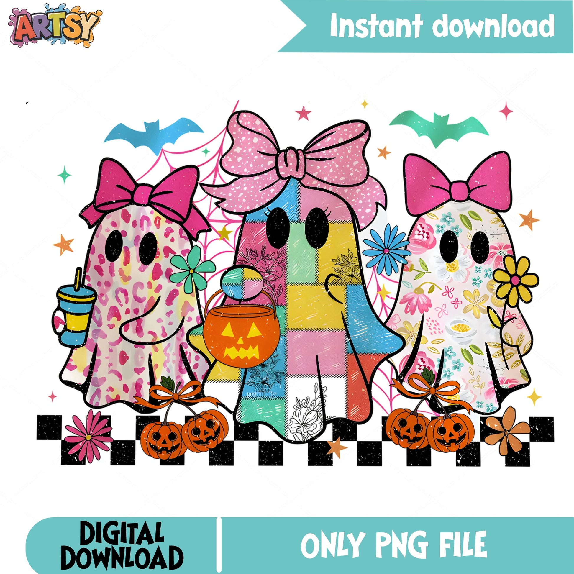 Cute Ghost Halloween PNG, Boho Ghost With Bow PNG, Spooky Season PNG
