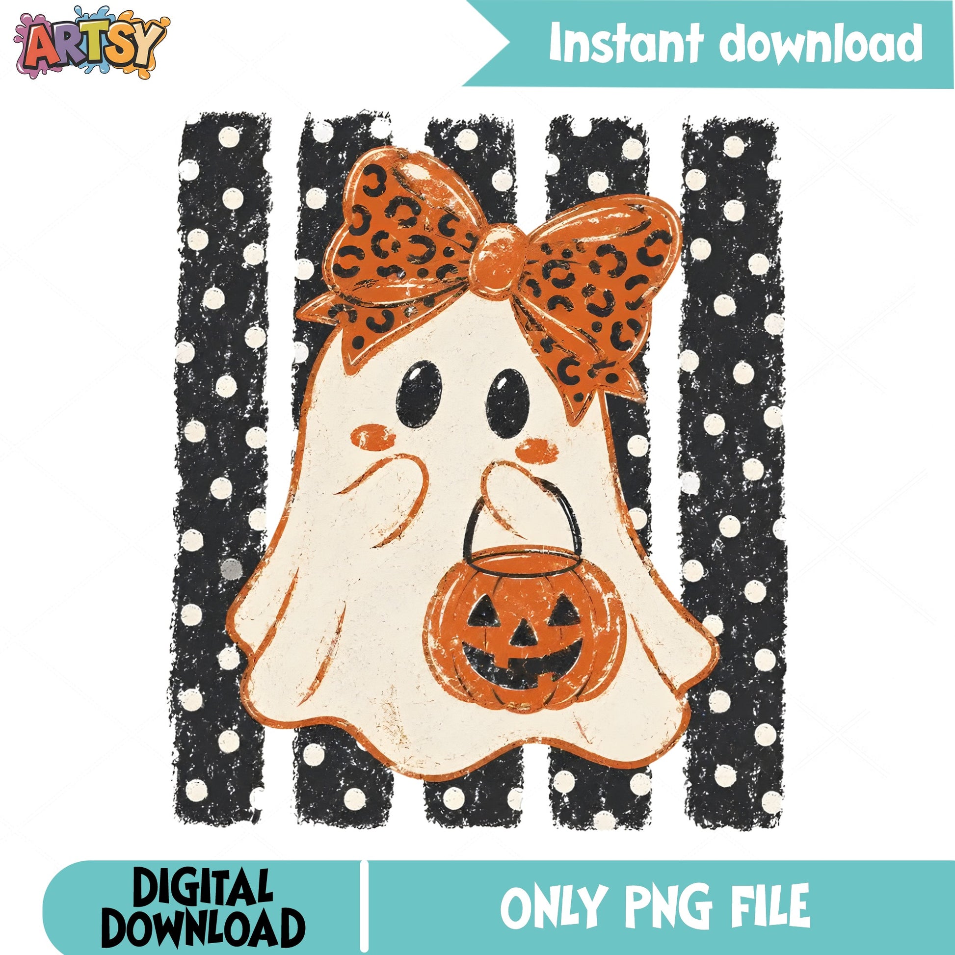 Cute Ghost Halloween PNG, Leopard Bow Pumpkin PNG, Spooky Girl PNG