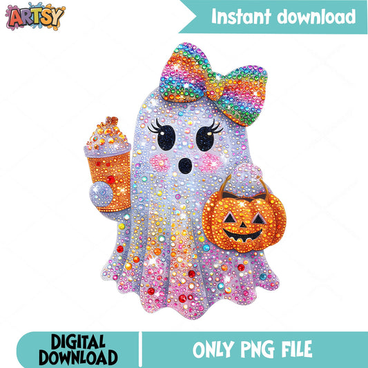 Cute Ghost Halloween PNG, Spooky Ghost With Pumpkin PNG, Halloween PNG