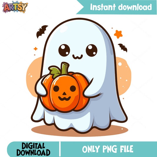 Cute Ghost Holding Pumpkin PNG, Halloween Ghost PNG, Kawaii Ghost PNG