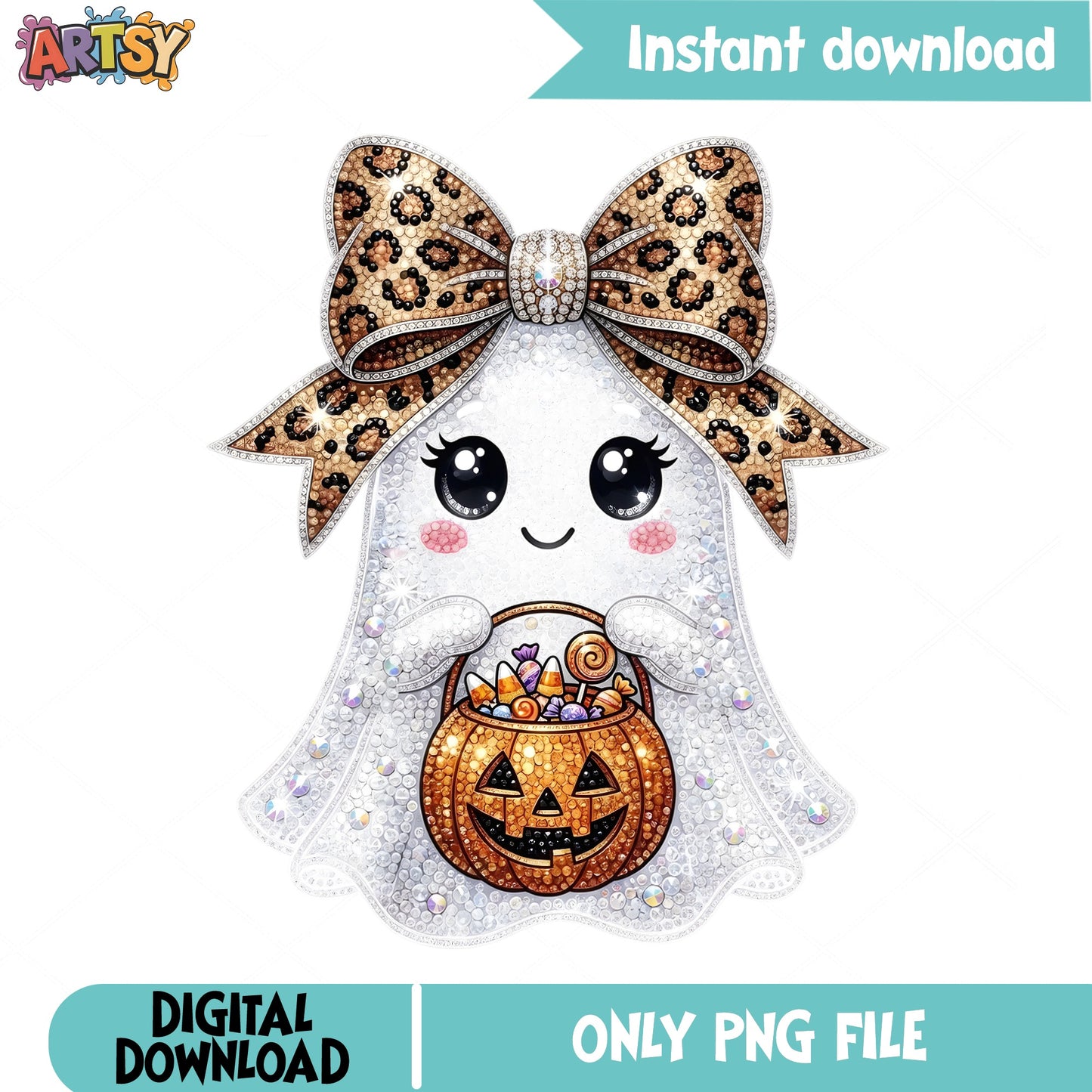Cute Ghost Leopard Bow Halloween PNG, Boo Pumpkin PNG, Halloween PNG