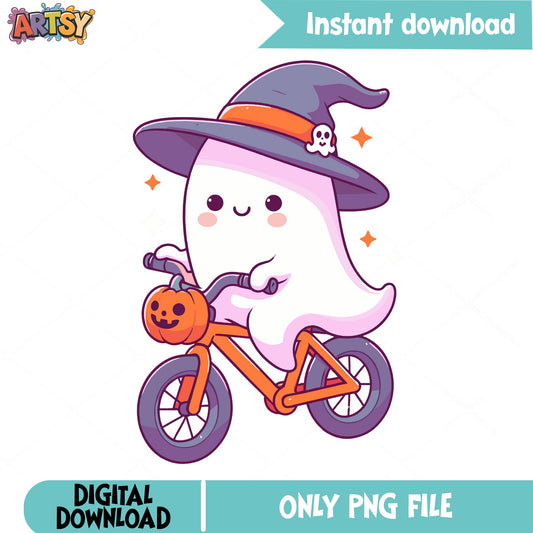 Cute Ghost Riding Bike Halloween PNG, Witch Hat Ghost PNG, Spooky PNG