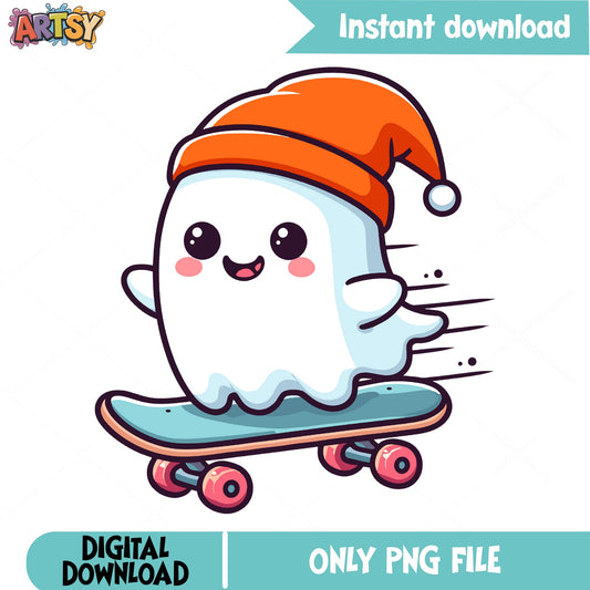 Cute Ghost Riding Skateboard PNG, Christmas Ghost PNG, Halloween PNG