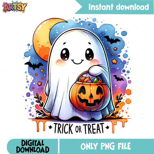 Cute Ghost Trick Or Treat Halloween PNG, Spooky Ghost PNG, Halloween PNG