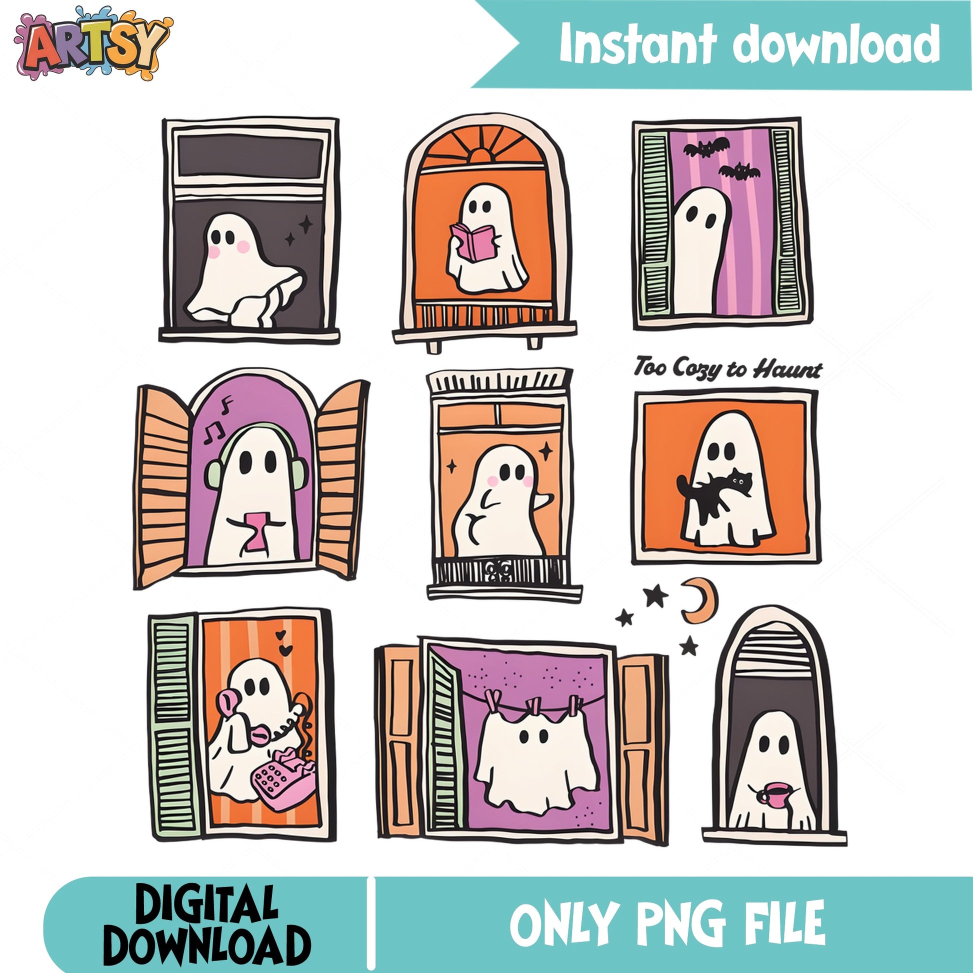 Cute Ghost Window Bundle PNG, Halloween Ghost Clipart, Too Cozy To Haunt PNG