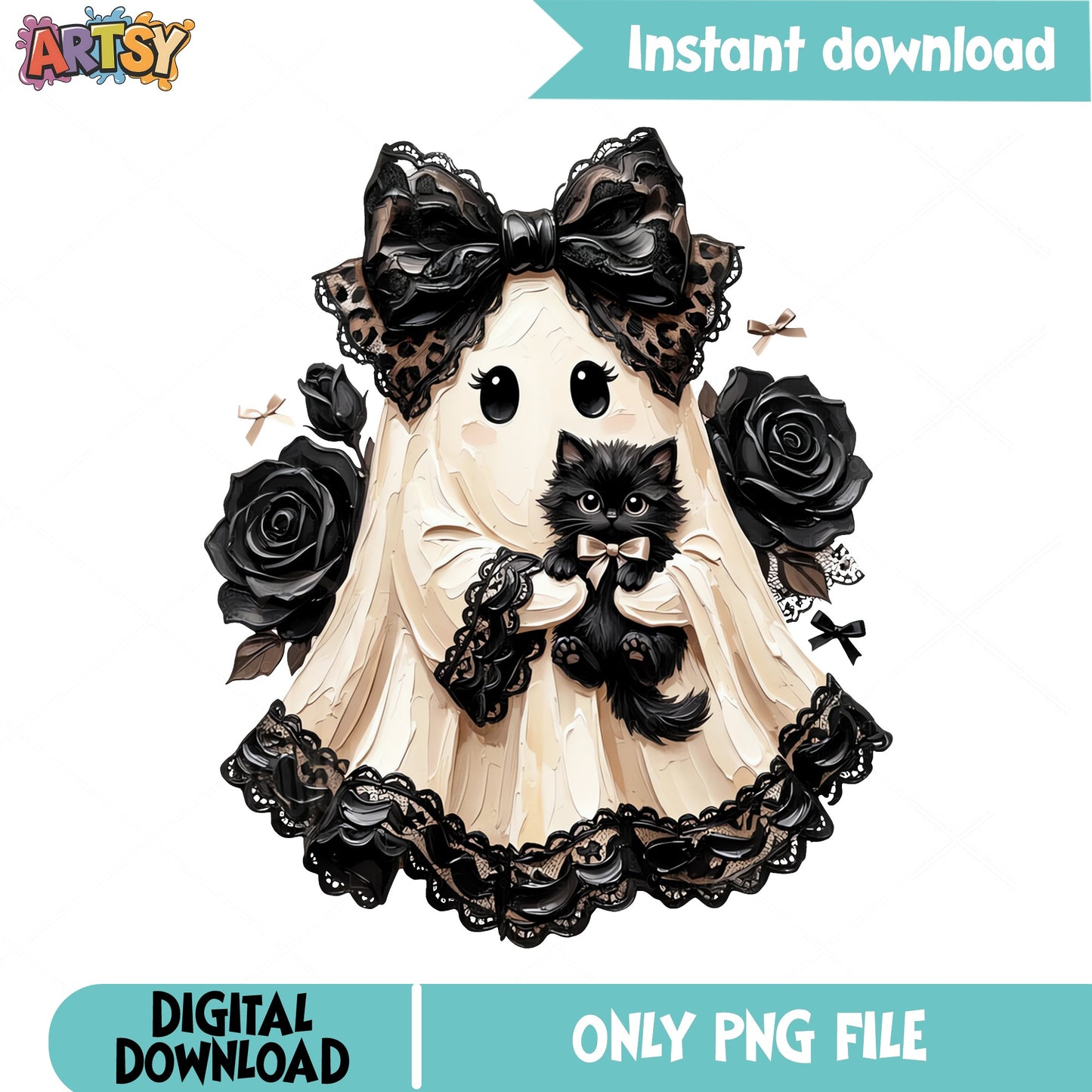 Cute Ghost With Black Cat PNG, Halloween Ghost PNG, Coquette PNG