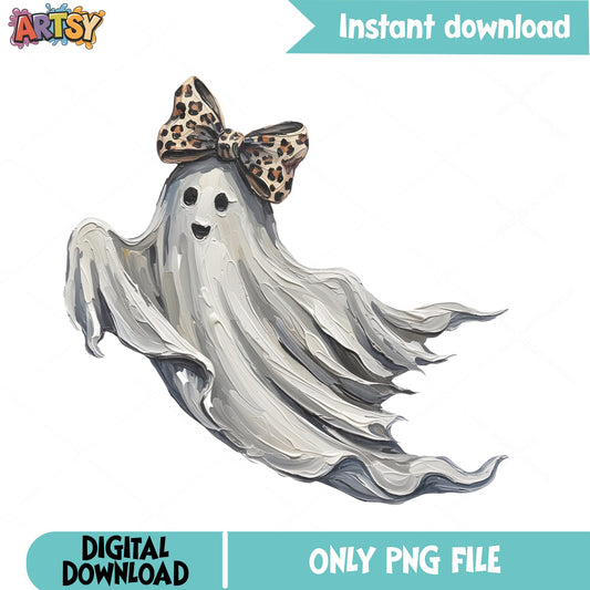Cute Ghost With Leopard Bow PNG, Halloween Ghost PNG, Spooky PNG